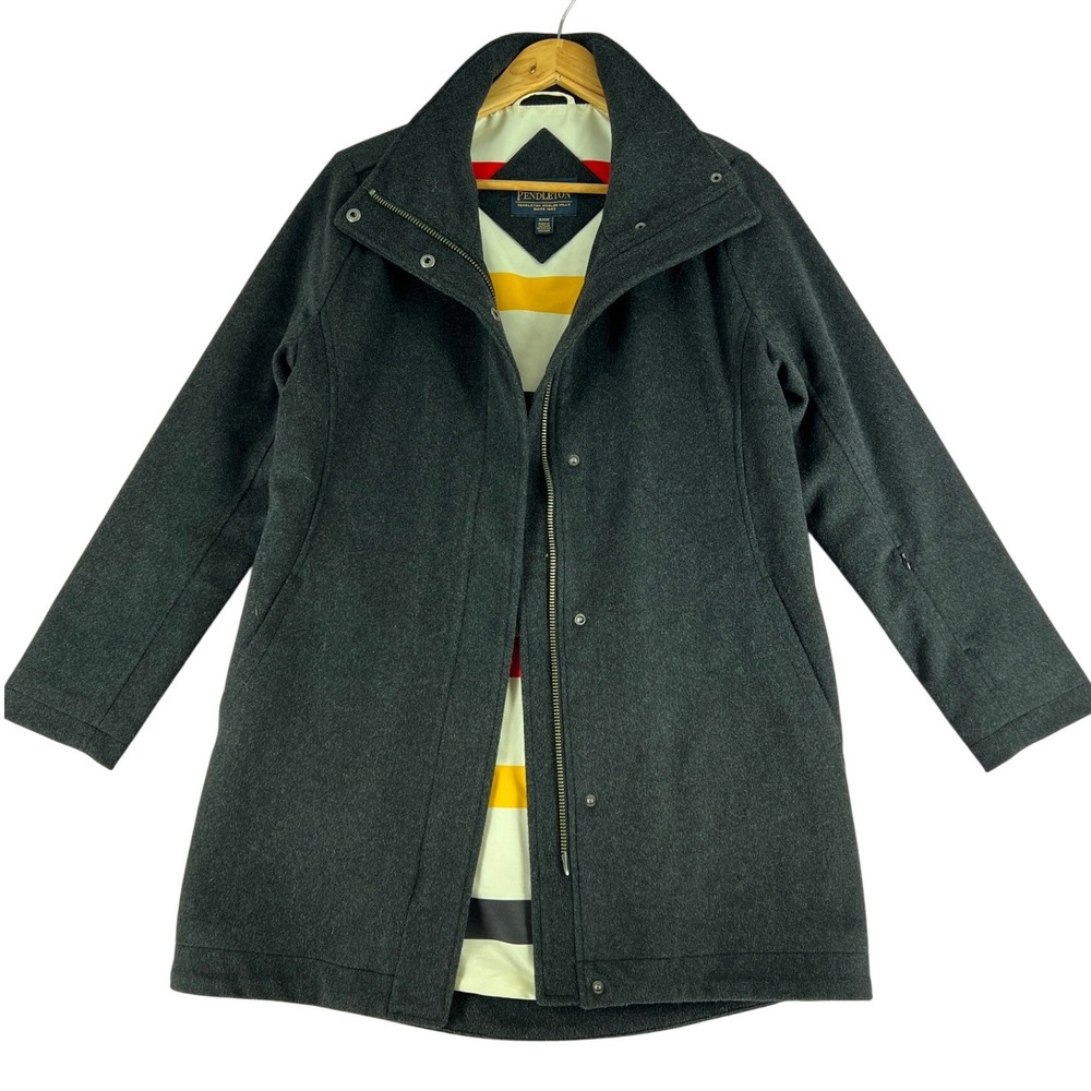 Pendleton Womens Minimalist Charcoal Grey Wool Blend Rainbow Stripe Lined Coat S